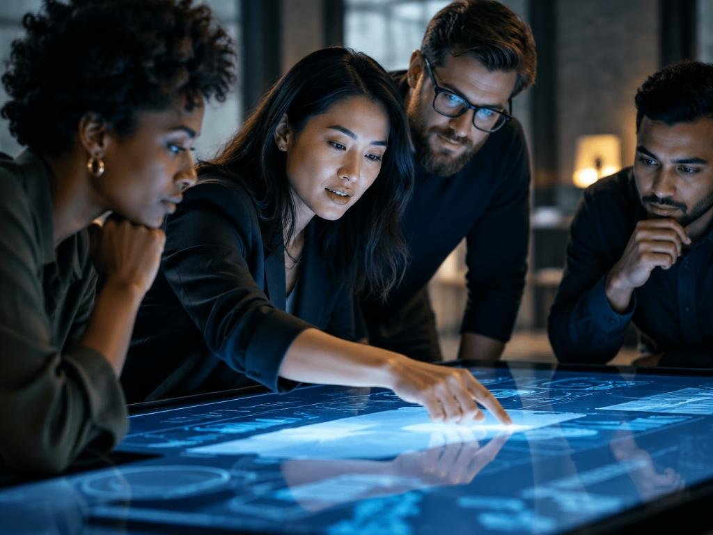 Team collaborating around a digital screen